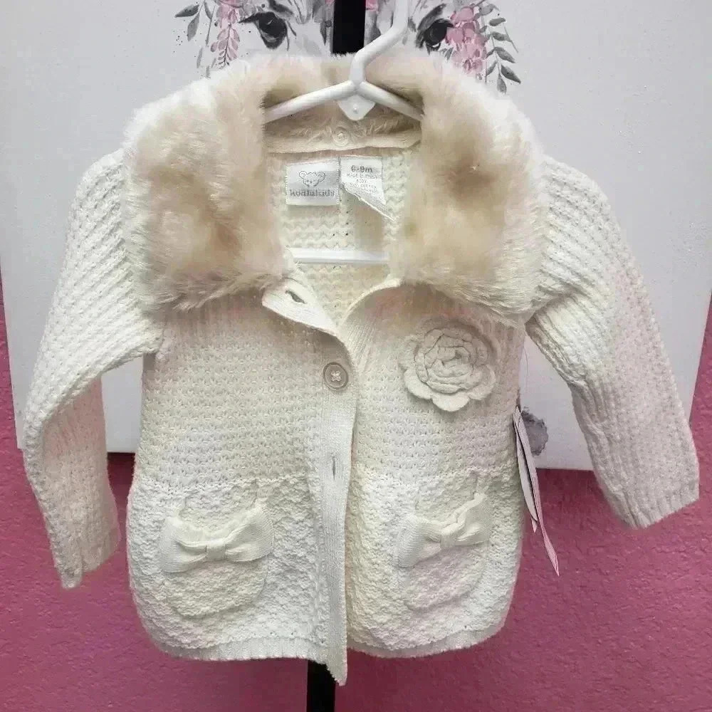 Koala Kids Off White Cardigan w/removable Faux Fur Collar